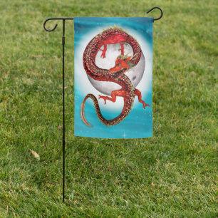 Red Moon Dragon Celestial Fantasy Art Garden Flag