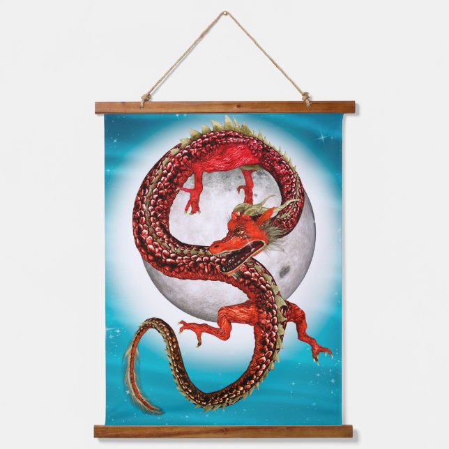 Red Moon Dragon Celestial Fantasy Art Hanging Tapestry (Front)