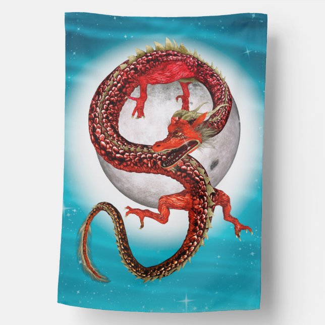 Red Moon Dragon Celestial Fantasy Art House Flag (Front)