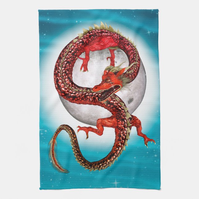 Red Moon Dragon Celestial Fantasy Art Kitchen Towel (Vertical)