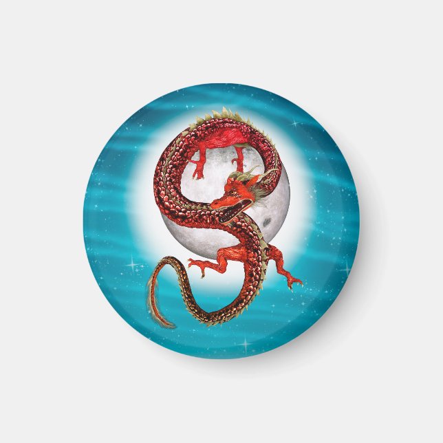 Red Moon Dragon Celestial Fantasy Art Magnet (Front)