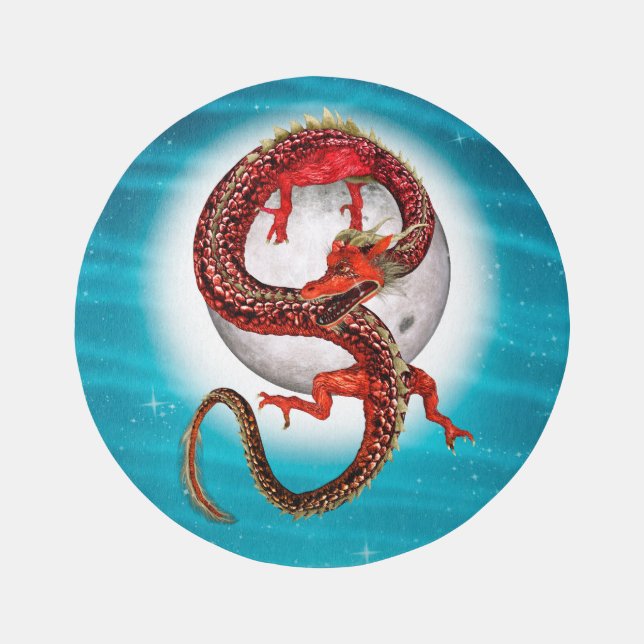 Red Moon Dragon Celestial Fantasy Art Outdoor Rug (Front)