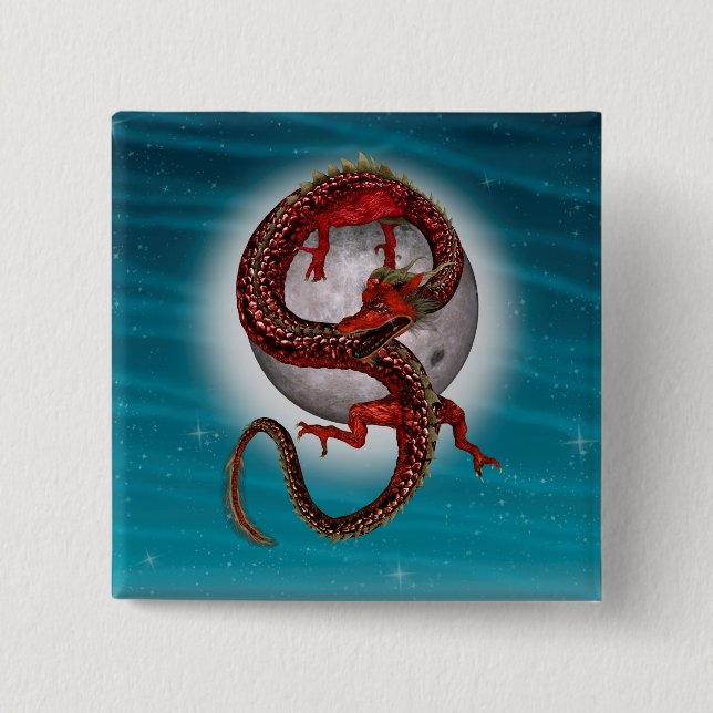 Red Moon Dragon Celestial Fantasy Art Pinback Button (Front)