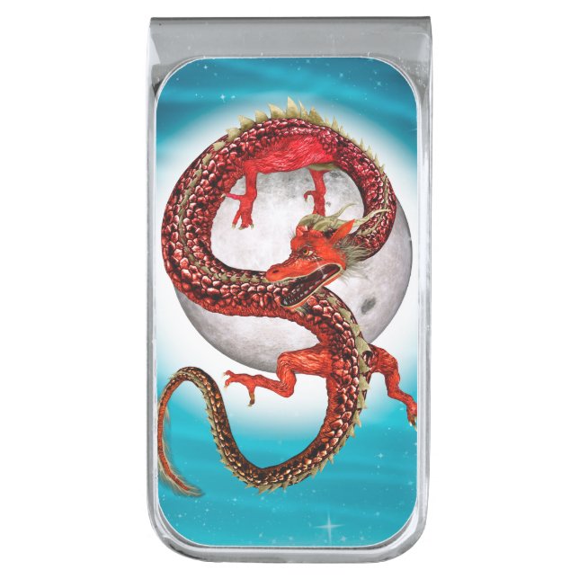 Red Moon Dragon Celestial Fantasy Art Silver Finish Money Clip (Front Vertical)