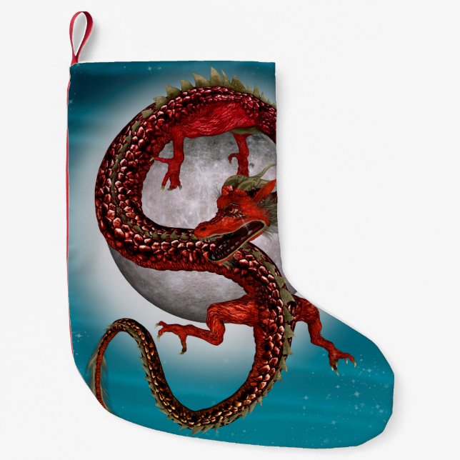 Red Moon Dragon Celestial Fantasy Art Small Christmas Stocking (Front)