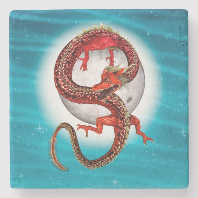 Red Moon Dragon Celestial Fantasy Art Stone Coaster (Front)