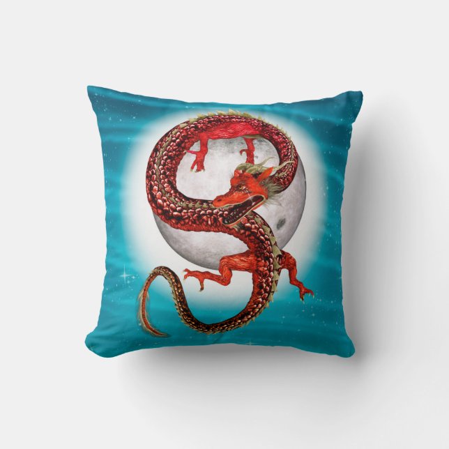 Red Moon Dragon Celestial Fantasy Art Throw Pillow (Front)