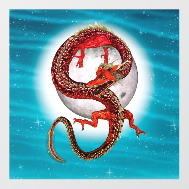 Red Moon Dragon Celestial Fantasy Art Wall Decal (Front)
