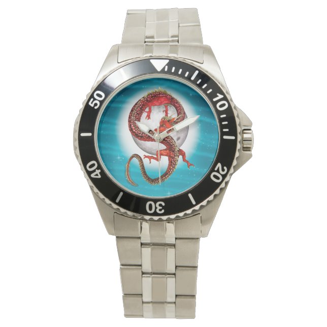 Red Moon Dragon Celestial Fantasy Art Watch (Front)