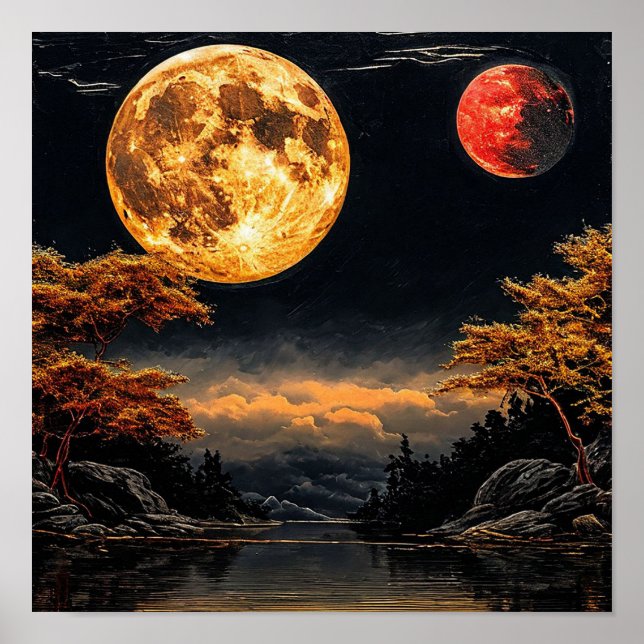 Red moon over a lake poster (Front)