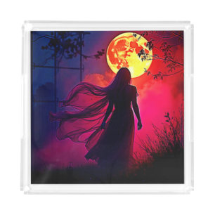 Red Moon Shadow Woman Mystery Design Acrylic Tray