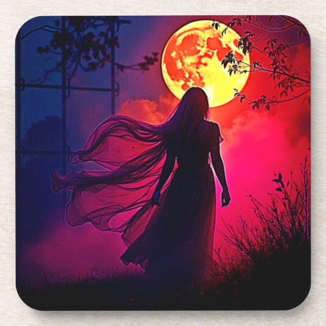 Red Moon Shadow Woman Mystery Design Beverage Coaster (Front)