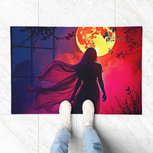 Red Moon Shadow Woman Mystery Design Doormat