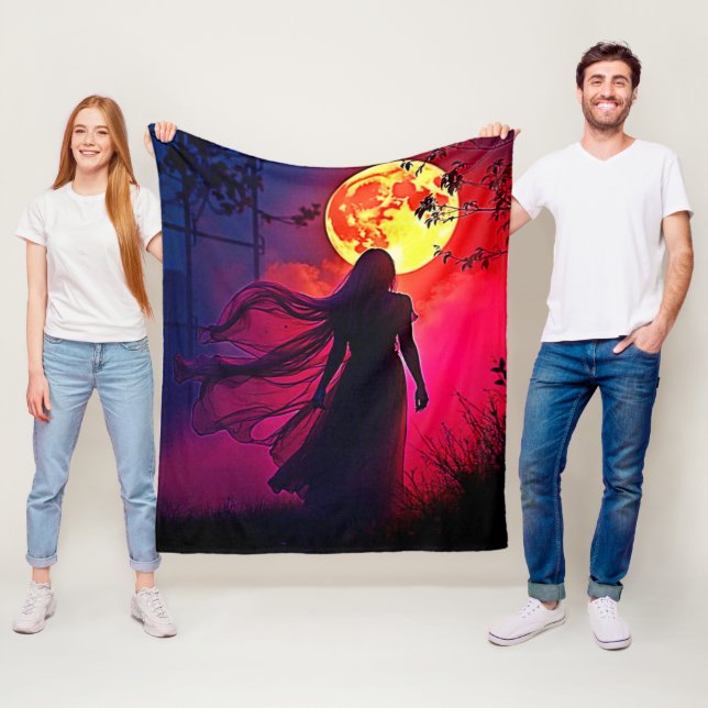 Red Moon Shadow Woman Mystery Design Fleece Blanket (In Situ)