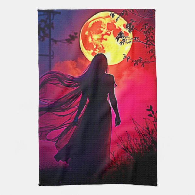 Red Moon Shadow Woman Mystery Design Kitchen Towel (Vertical)