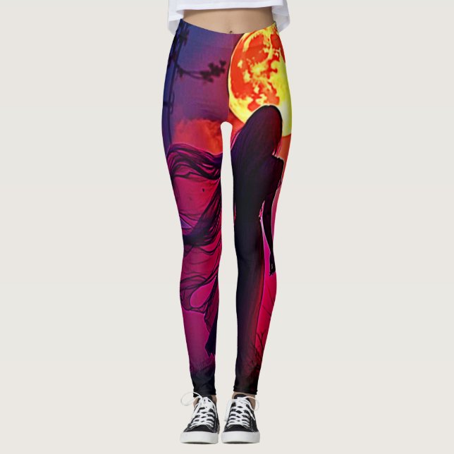 Red Moon Shadow Woman Mystery Design Leggings (Front)