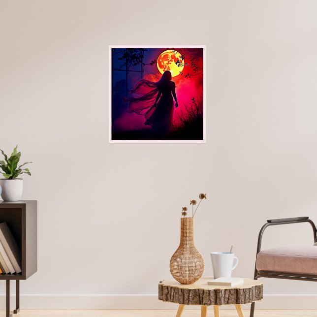 Red Moon Shadow Woman Mystery Design Poster (Living Room 3)