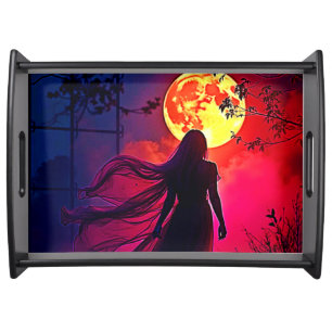 Red Moon Shadow Woman Mystery Design Serving Tray