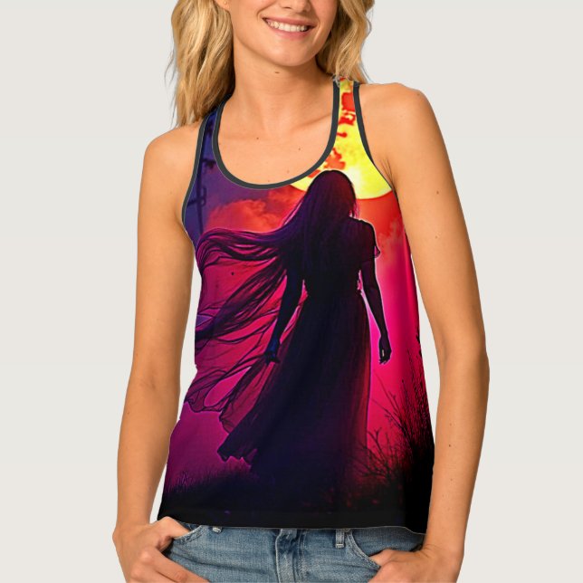 Red Moon Shadow Woman Mystery Design Tank Top (Front)