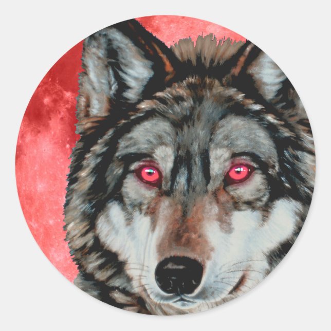Red Moon Wolf Classic Round Sticker (Front)