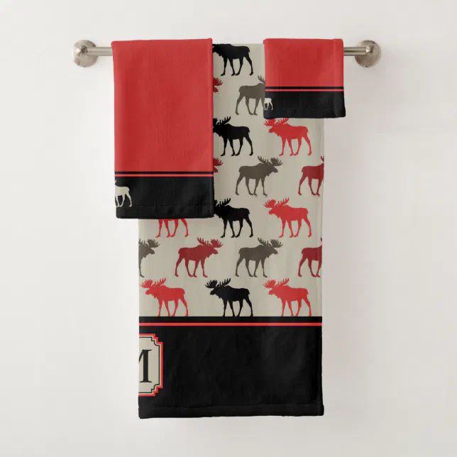 Red Moose Pattern Black Monogram Bath Towel Set Zazzle