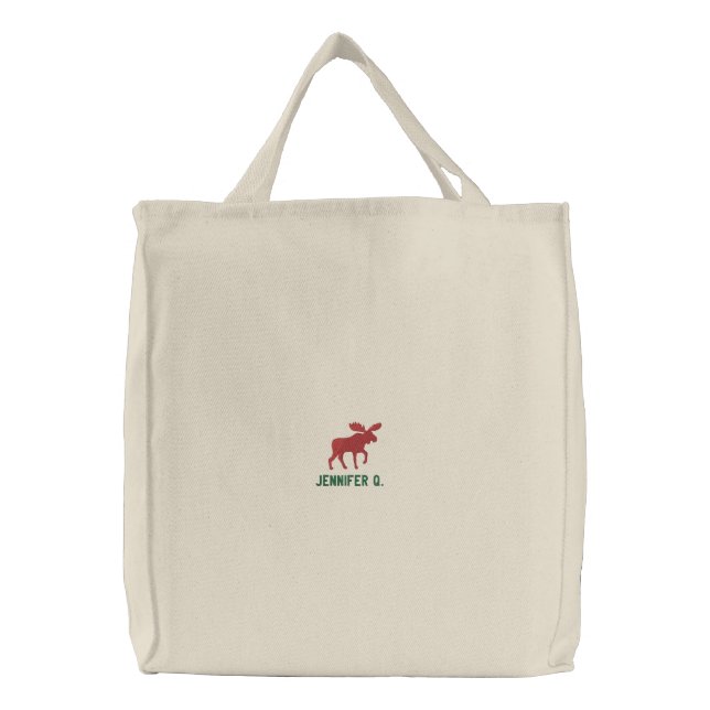 Red Moose Silhouette with Custom Text Embroidered Tote Bag (Front)