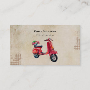 Red Moped In Watercolor With Flower Basket Business Card