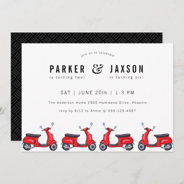 Red Moped Scooter Theme Joint Birthday  Invitation (Front/Back)