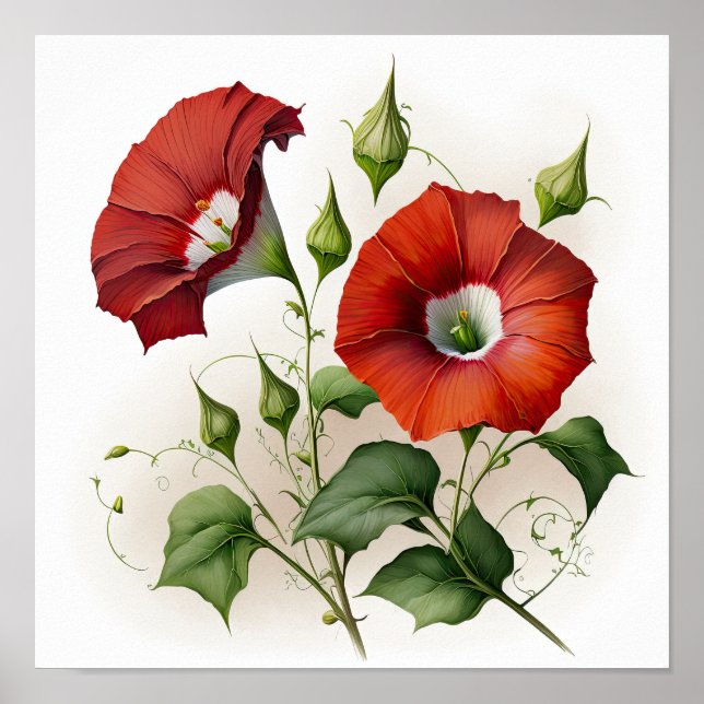 Red Morning Glory Flowers Art Print Poster (Front)