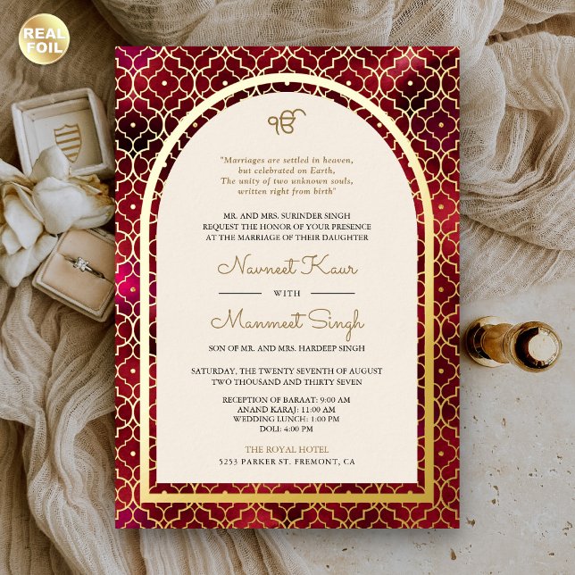 Red Moroccan Pattern Sikh Arch Wedding Gold Foil Invitation (Creator Uploaded)