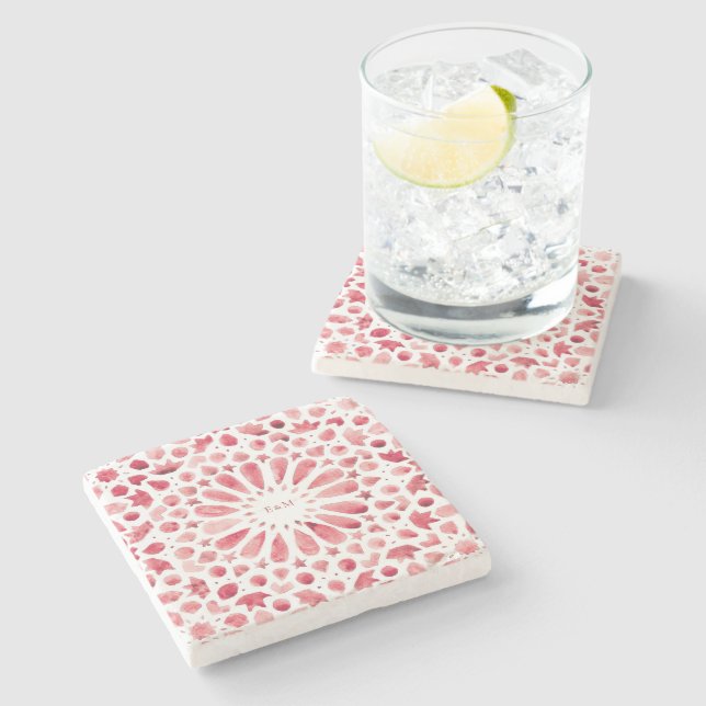 Red Moroccan Tiles Monogram Wedding Stone Coaster (Side)