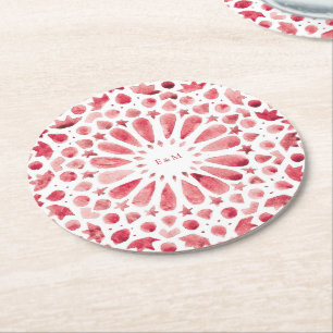 Red Moroccan Tiles Wedding Monogram Round Paper Coaster