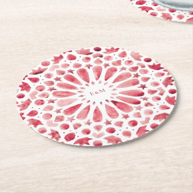 Red Moroccan Tiles Wedding Monogram Round Paper Coaster (Angled)