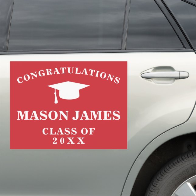 Red Mortar Board Modern Graduation Car Magnet (In Situ)