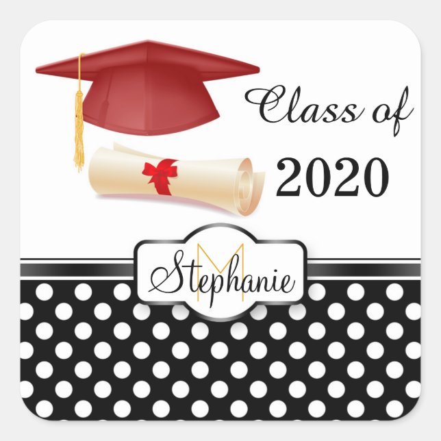 Red mortar, diploma monogram Graduation Sticker (Front)