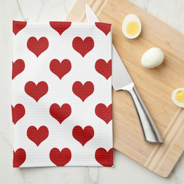 Red Mosaic Heart Pattern Kitchen Towel (Quarter Fold)