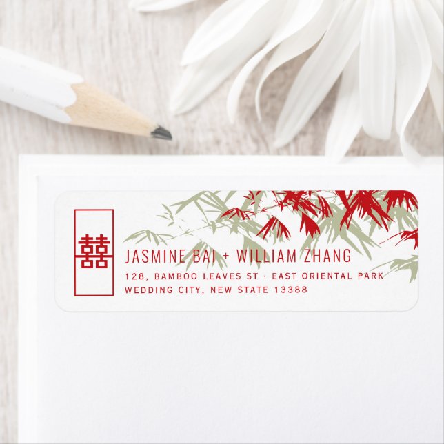 Red & Moss Bamboo Leaves Chinese Wedding Address Label (Insitu)