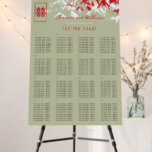 Red/Moss Bamboo Leaves Chinese Wedding Seat Chart Foam Board