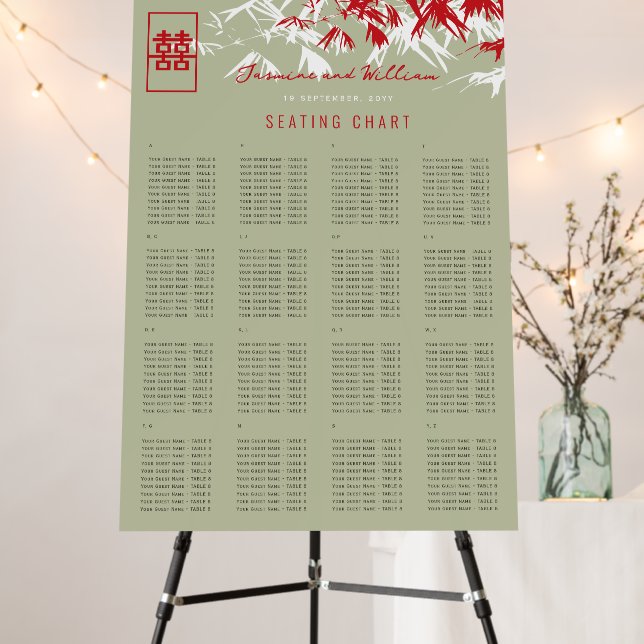 Red/Moss Bamboo Leaves Chinese Wedding Seat Chart Foam Board (In Situ (Stand))