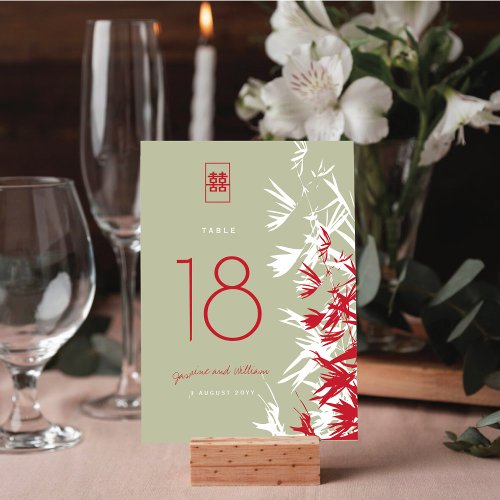 Red  Moss Grey Zen Bamboo Leaves Chinese Wedding Table Number