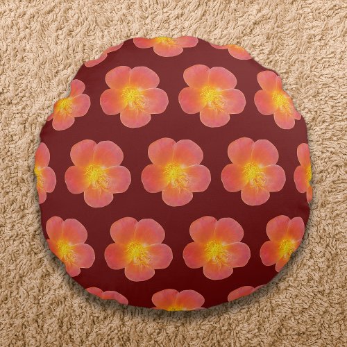 Red Moss Rose Flower Seamless Pattern on Round Pillow