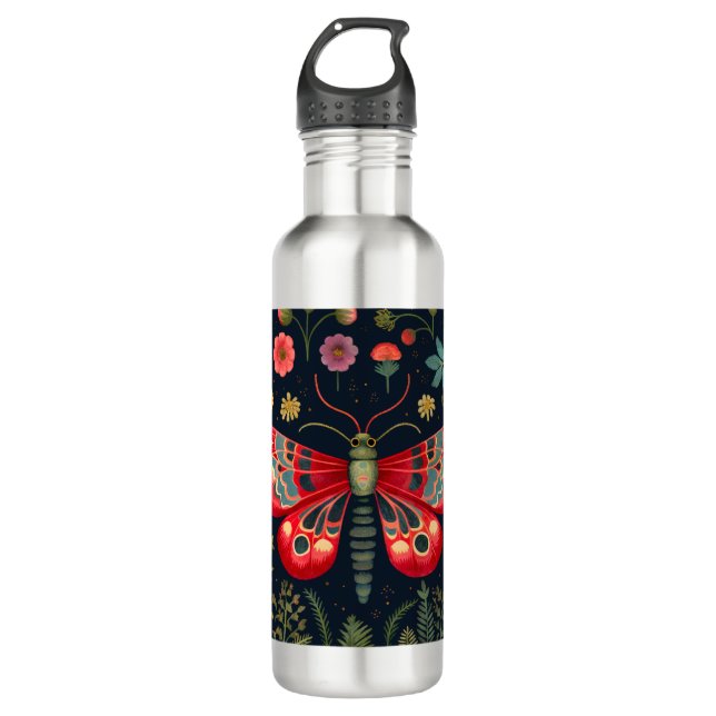 Red Moth In The Night Garden Stainless Steel Water Bottle (Front)