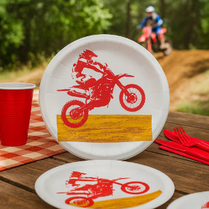 Red Motocross Dirt Bike Rider Silhouette Paper Plates