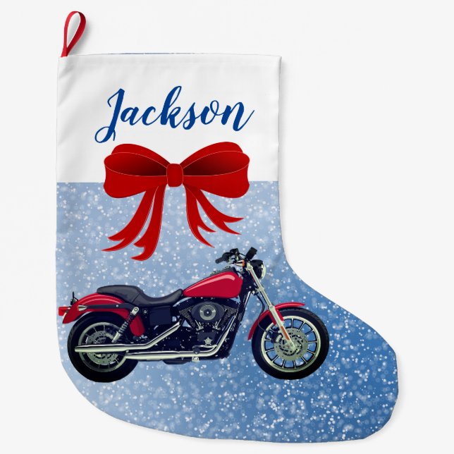Red Motorcycle and Snow Large Christmas Stocking (Front)