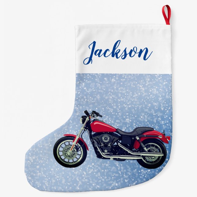 Red Motorcycle and Snow Large Christmas Stocking (Back)