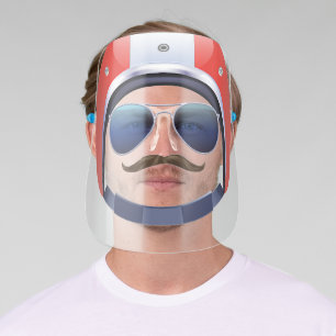 Red Motorcycle Helmet, Sunglasses & Mustache Face Shield
