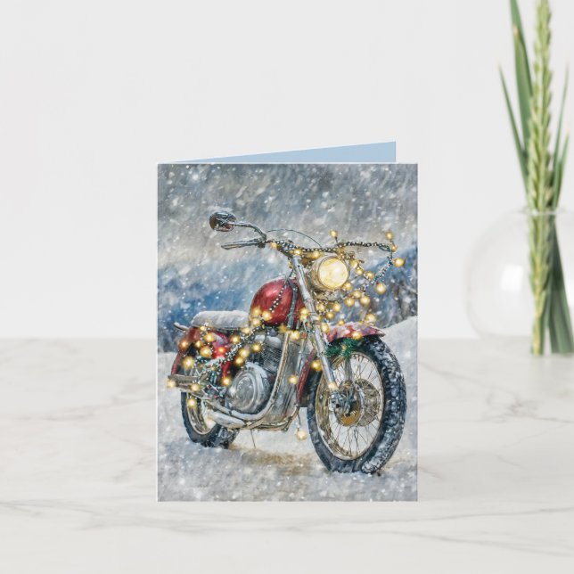 Red Motorcycle with Christmas Lights Holiday Card (Front)