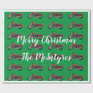 Red Motorcycles on Green Christmas Wrapping Paper