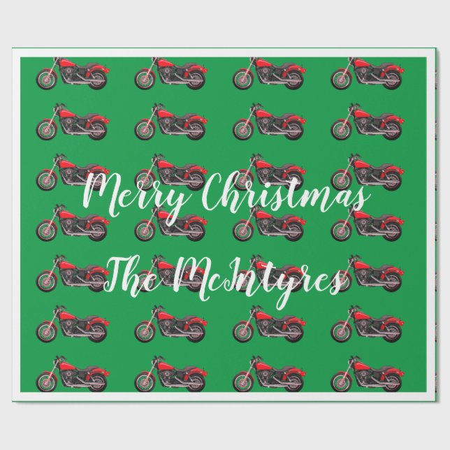 Red Motorcycles on Green Christmas Wrapping Paper (Flat)