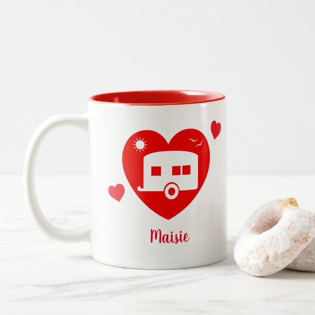 Red Motorhome and Caravan Owner Love Heart Two-Tone Coffee Mug (With Donut)